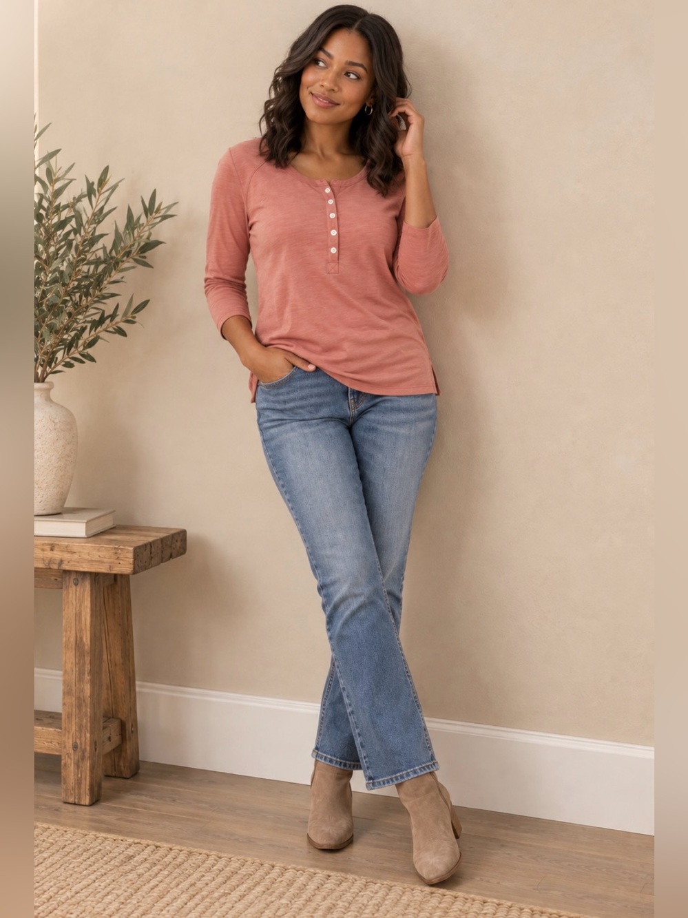 LOFT Outlet Henley Top 3/4 Sleeve Terracotta Size M